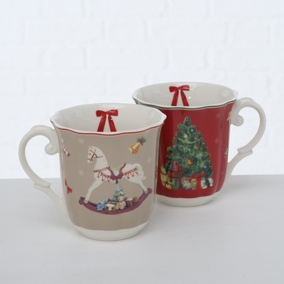 MUG Delight 2/ass RED/BEIGE TREE/HORSE (1 TEM) PORCELAINE